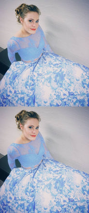 Two Piece Prom Dresses With Long Sleeves, White Blue Printed Prom Dresses DMH51