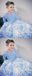 Two Piece Prom Dresses With Long Sleeves, White Blue Printed Prom Dresses DMH51