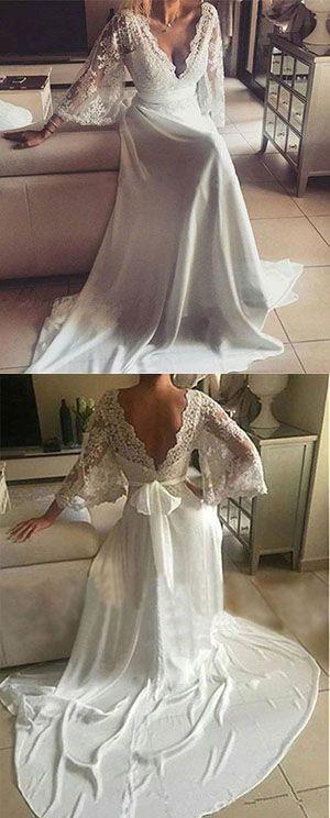 Romantic Boho V Neck Lace Appliques Long Sleeve Beach Wedding Dress DME21