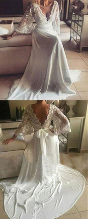 Romantic Boho V Neck Lace Appliques Long Sleeve Beach Wedding Dress DME21