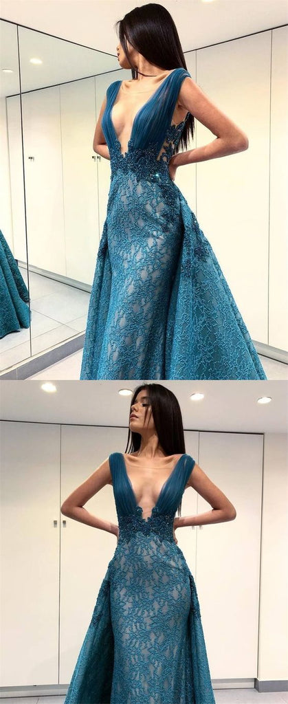 A-Line Deep V-Neck Lace Blue Floor Length Prom Dresses DMF49