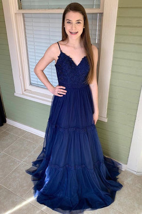 A Line Spaghetti Straps Dark Blue Tulle Long Prom Dresses DMJ38