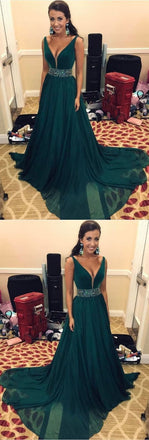 Simple V-Neck Sweep Train Dark Green Chiffon Prom Dress with Beading DMF67