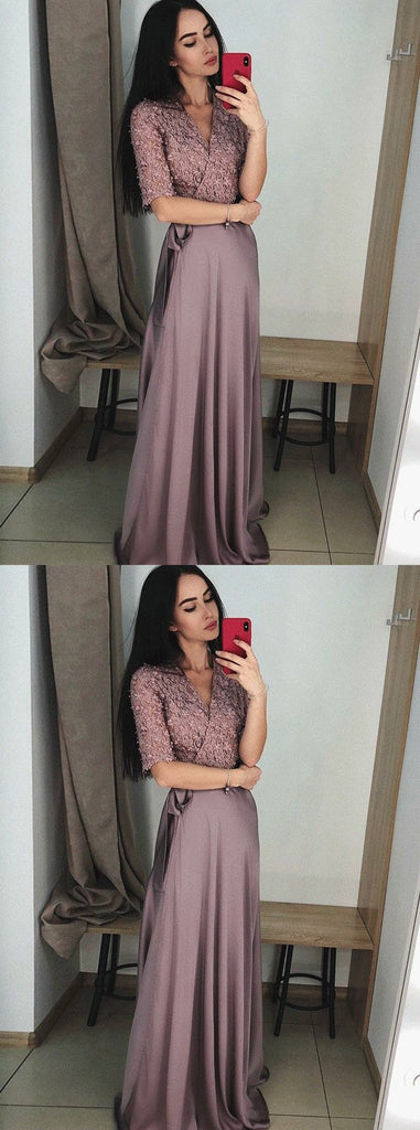 A Line V-Neck Half Sleeves Purple Long Prom Dress with Lace Top DMF7