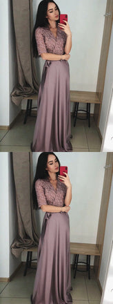 A Line V-Neck Half Sleeves Purple Long Prom Dress with Lace Top DMF7