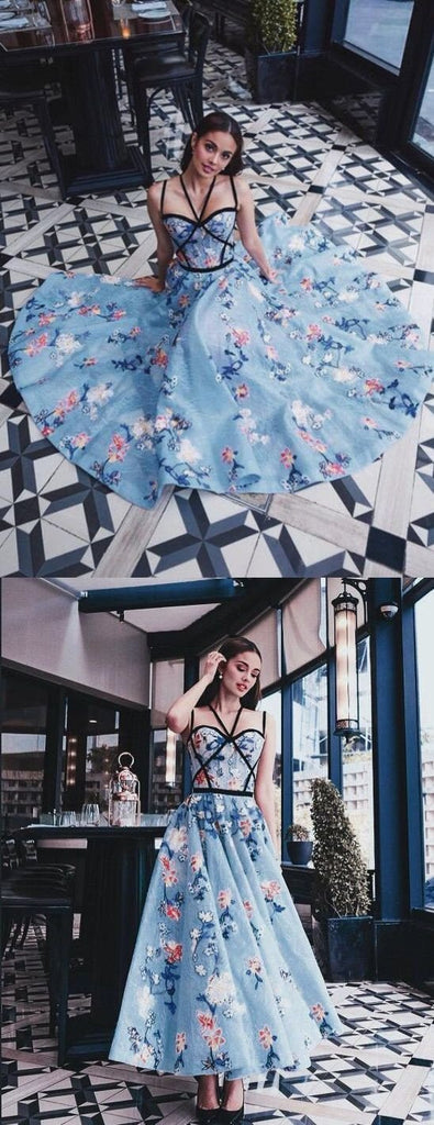 Chic Blue Floral Printed A Line Long Prom Dress Pretty Party Dress DMG19