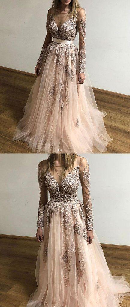 A Line Tulle Long Sleeves Appliques Cheap Prom Dresses DMF61
