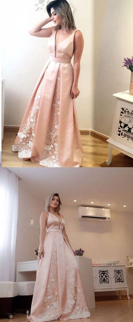 Elegant A Line Deep V Neck Long Satin Formal Evening Prom Dress With Lace DMG2
