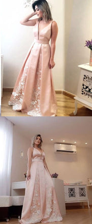 Elegant A Line Deep V Neck Long Satin Formal Evening Prom Dress With Lace DMG2
