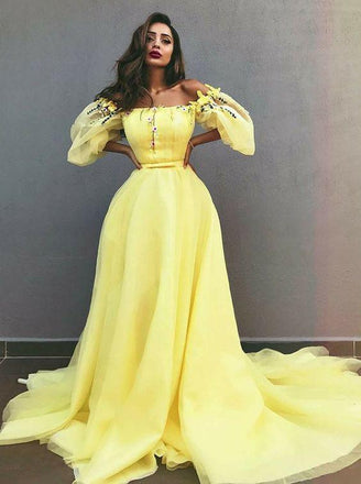 Charming A-Line Off-the-Shoulder Yellow Tulle Prom Dress with Appliques DME30