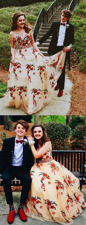 Princess A Line Strapless Tulle Long Prom Dress with Floral Appliques DMF51