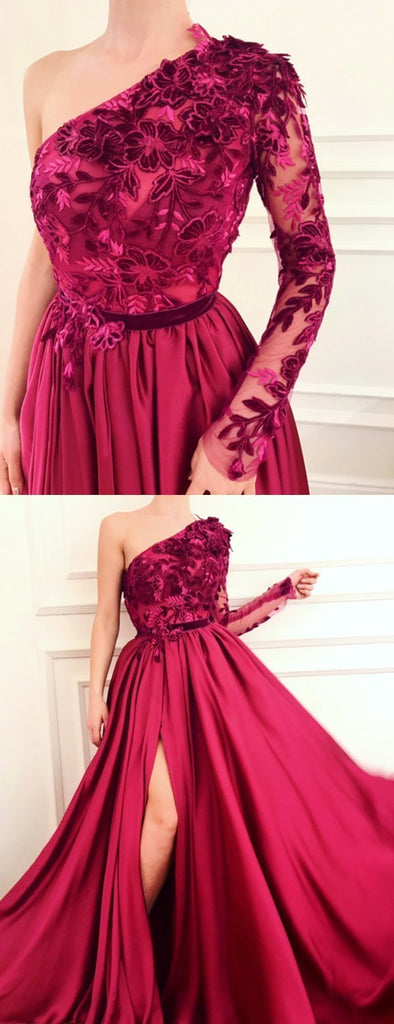 Burgundy A Line Applique Long Sleeve One Shoulder Prom Dresses With Slit DMH61
