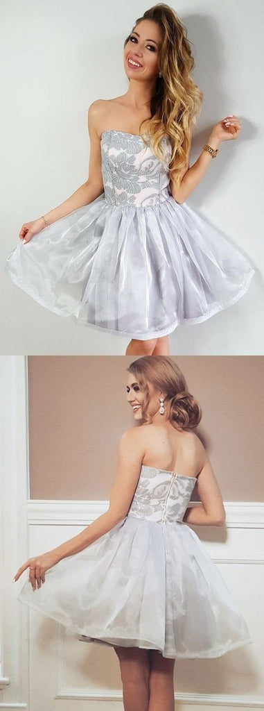 A-Line Strapless Gray Short Organza Homecoming Party Dress with Lace Appliques DME6