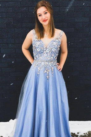 Gorgeous A-Line Appliques Floral Sky Blue Long Prom Dress DMO2