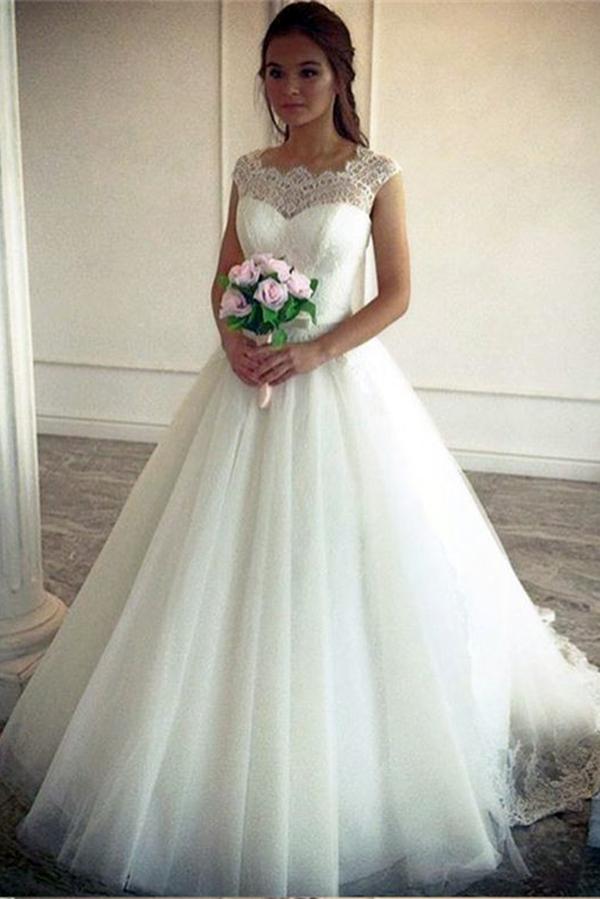 Vintage Lace Top Cap Sleeves Tulle Simple Ball Gown Wedding Dresses DMD51