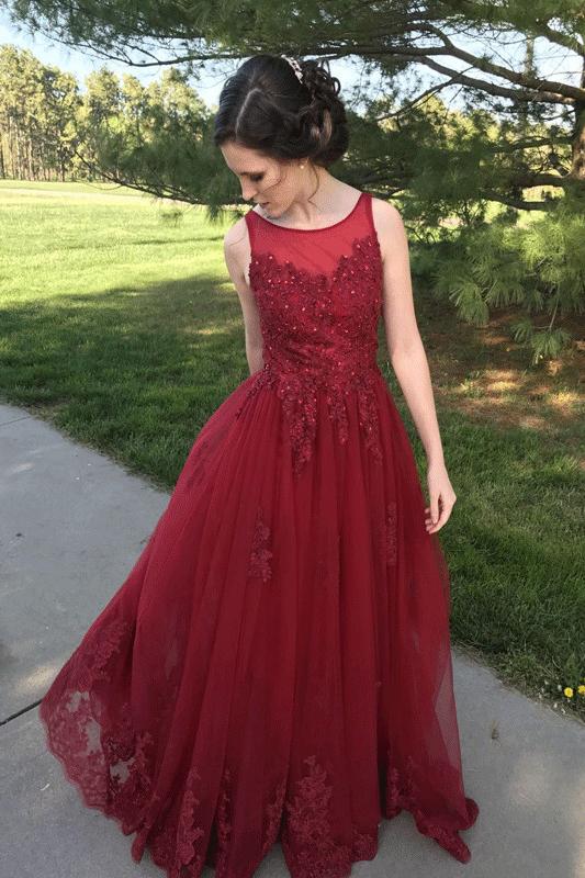A Line Red Appliques Long Tulle Formal Prom Dresses DME47
