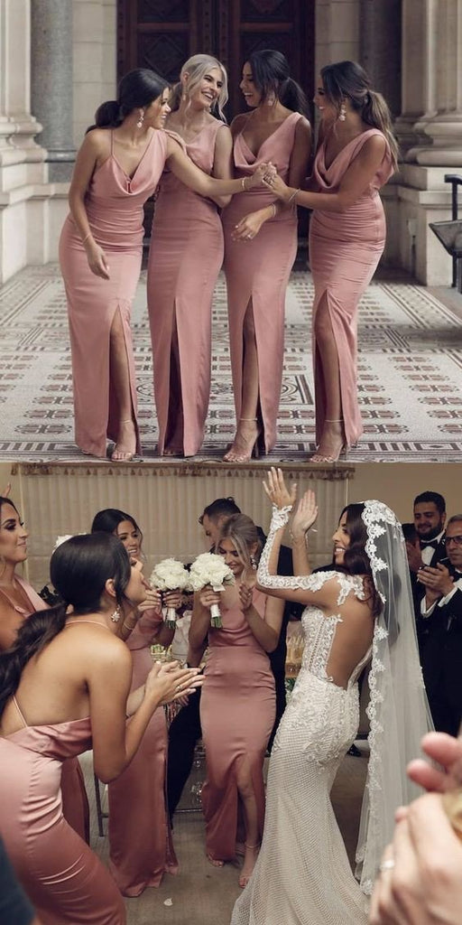 Beautiful Sheath Sleeveless Pink Long Bridesmaid Dress with Split DMG54