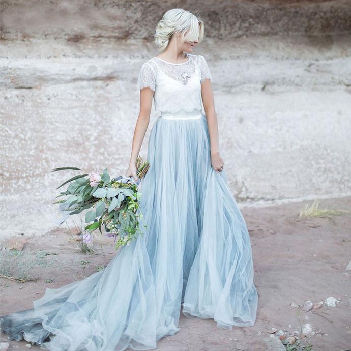 Beautiful lace Top Short Sleeves Prom Dress, A Line Cheap Wedding Dresses DMG4