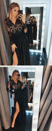 A-Line V-Neck Long Sleeves Black Split Evening Prom Dress with Lace DMF71