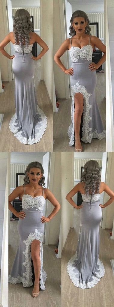 Mermaid Split Side Sexy Spaghetti Straps Lace Long Prom Dress DMF12