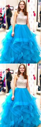 Beaded Organza Ruffles Ice Blue Ball Gown Prom Dress DME57