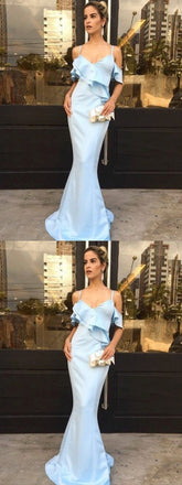 Mermaid Spaghetti Straps Light Blue Satin Long Prom Dress with Ruffles DMF6
