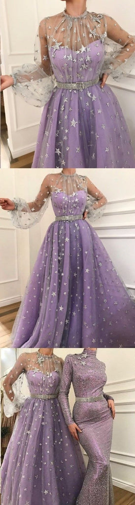 Long Sleeve  A-line Sparkly Star Lace Lilac Long Prom Dresses DMG83