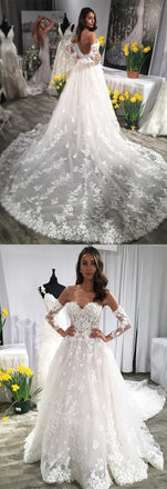 Long Sleeves Ivory Lace Appliques Backless Long Wedding Dress with Train DMF23