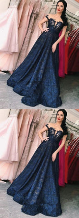 Lace A-line Dark Blue Long Prom Dress,V Neck Evening Dresses DME55