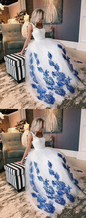 White Scoop Tulle Blue Lace Long Prom Dress, Evening Dress DME27