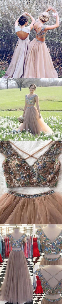Two Piece V-neck Floor-length Rhinestone A Line Sexy Prom Dress DMF17