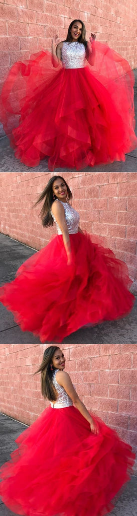 Charming Red Ball Gowns Organza Ruffle Sequin Top Prom Dresses DMF68