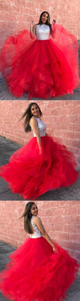 Charming Red Ball Gowns Organza Ruffle Sequin Top Prom Dresses DMF68