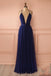 Sexy Navy V Neck Backless Prom Dress, Simple Long Evening Dress For Woman DM110