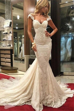Sexy Mermaid Lace Wedding Dresses stunning Cap Sleeves Appliques Bridal Gowns DM106