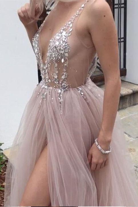 Dusty Pink A Line Tulle Prom Dress, V Neck Long Graduation Dress with Rhinestone DMJ48