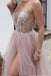 Dusty Pink A Line Tulle Prom Dress, V Neck Long Graduation Dress with Rhinestone DMJ48