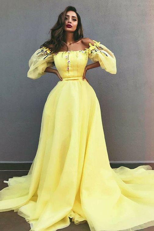 Charming A-Line Off-the-Shoulder Yellow Tulle Prom Dress with Appliques DME30