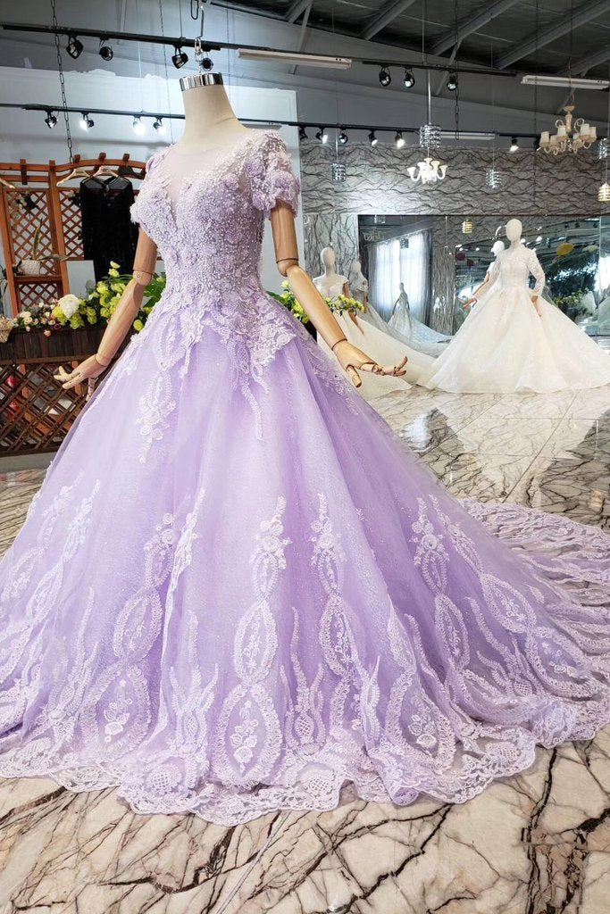 Lilac Ball Gown Short Sleeves Prom Dresses with Lace, Quinceanera Dress DML41