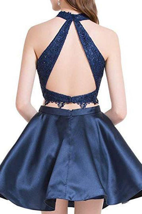 Two Piece Dark Blue Short Homecoming Dress with Lace, A Line Satin Graduation Dress DMM55