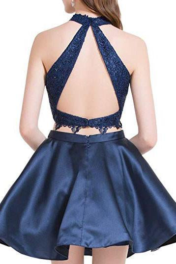 two piece graduation dresses Two Piece Dark Blue Short Homecoming Dress with Lace, A Line Satin Graduation Dress OKM55 – Demodresses