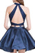 Two Piece Dark Blue Short Homecoming Dress with Lace, A Line Satin Graduation Dress DMM55