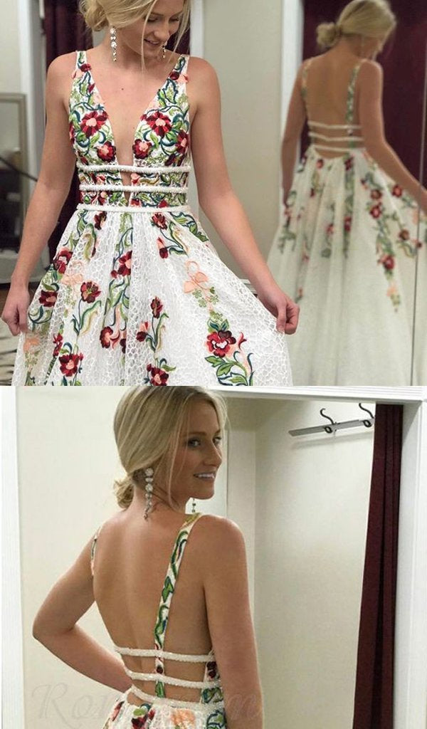 Cheap V Neck Prom Dresses Floor Length Formal Party Dress with Appliques DMJ2