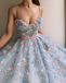 A-Line Lace Spaghetti Straps Long Light Blue Prom Dress DME42