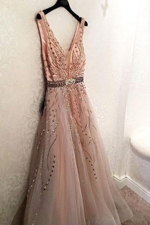 Gorgeous Tulle V-neck Backless A-line Prom Dresses With Beads DME26