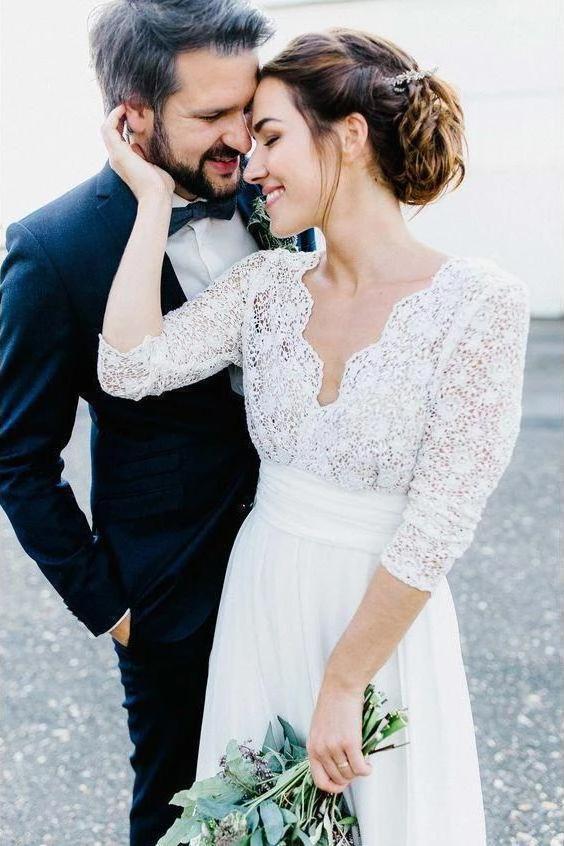 3/4 Sleeves Chiffon Beach Wedding Dress with Lace, V Neck Backless Bridal Dress DMN90