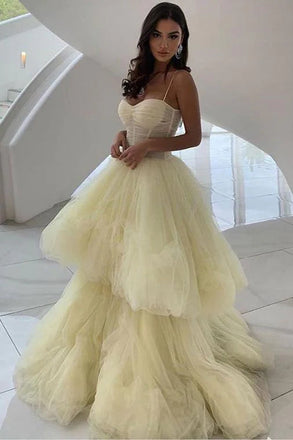 Daffodil Princess A Line Spaghetti Straps Tired Tulle Prom Dresses, Unique Formal Evening Dress DM1933