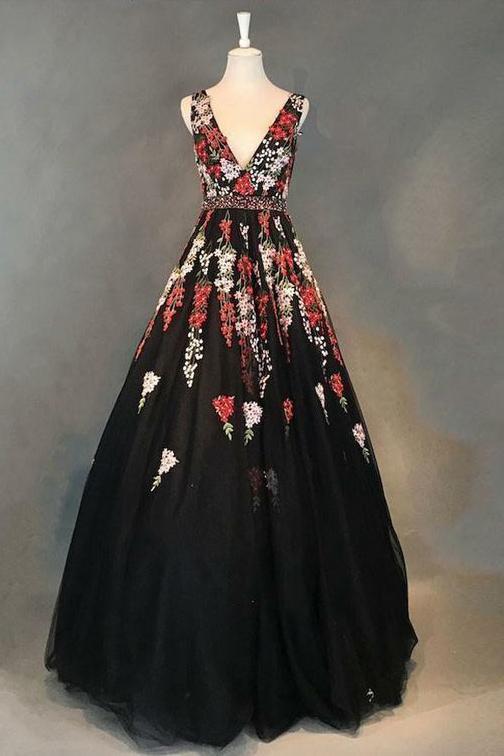 Charming V-Neck Black Floral Appliques Beading Sleeveless Long Prom Dress DMI40