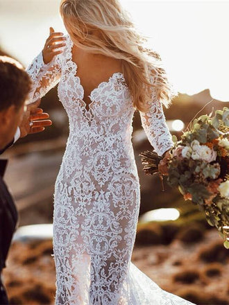 Long Sleeve Lace V Neck Backless Mermaid Boho Wedding Dresses,Beach Wedding Gown DMH77