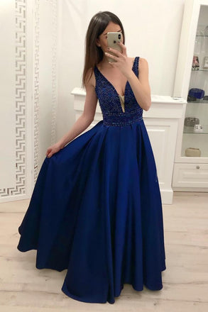 Royal Blue Beading A Line Satin Prom Dress, Cheap Long Evening Dresses DMI17